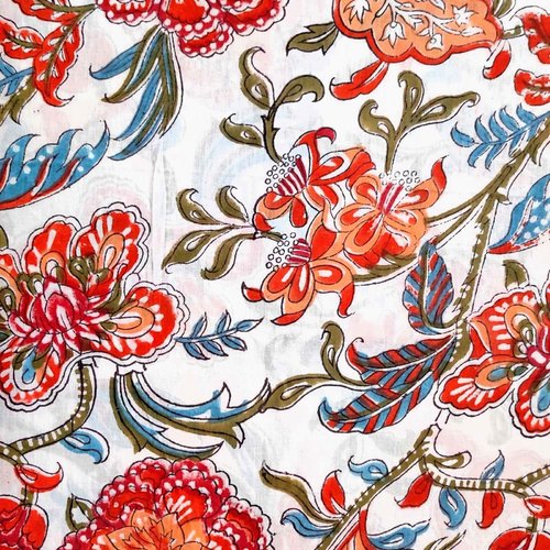 Tissu indien à la coupe coton inde imprimé main block print coton fleurs rouge corail blanc