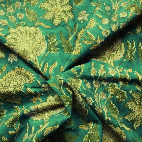 Tissu indien à la coupe coton inde imprimé main block print coton fleurs bleu beige kaki
