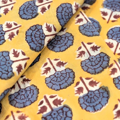 Coupon tissu indien 60 x 260 cm de largeur coton inde imprimé à la main block print coton indien fleurs jaune moutarde bleu