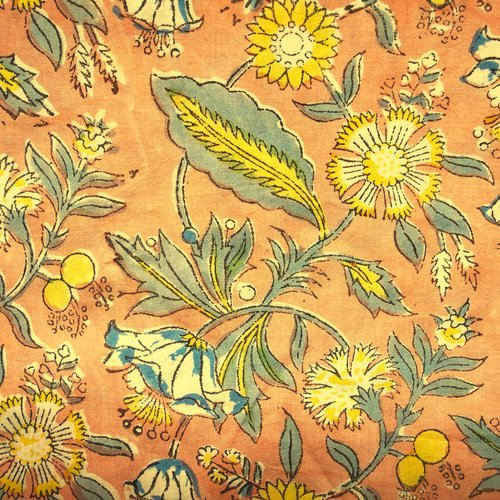 Tissu indien à la coupe coton inde imprimé main block print coton fleurs rose multicolore