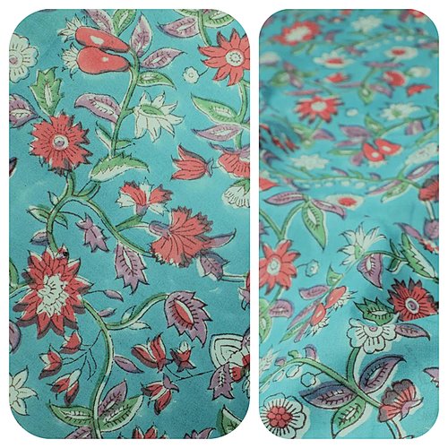 Coupons tissu indien 49x110cm/ 88x110cm coton inde imprimé à la main block print coton indien fleurs turquoise corail