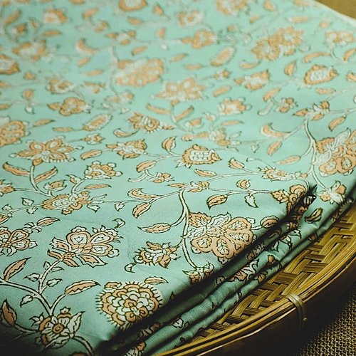 Coupon tissu indien 55 x 110 cm coton inde imprimé à la main block print turquoise rose pêche