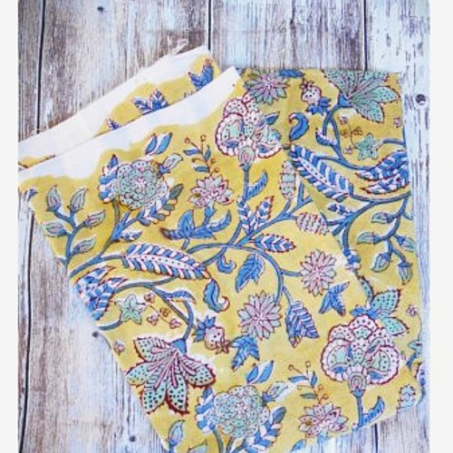 Coupon tissu indien 55 x 110 cm coton inde imprimé à la main block print jaune rose bleu