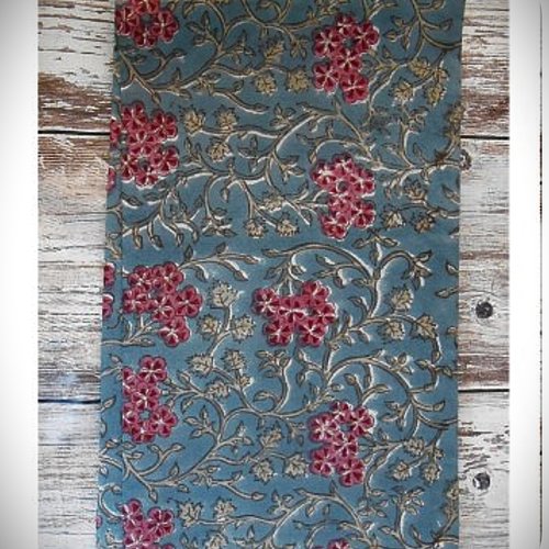 Coupon tissu indien 90 x 110 cm coton inde imprimé à la main block print bleu denim fuchsia