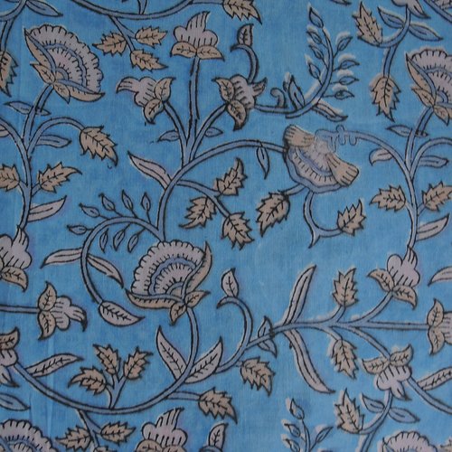 Tissu indien à la coupe 110cm de largeur coton inde imprimé main block print coton fleurs bleu denim rose