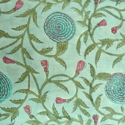 Tissu indien à la coupe 110cm de largeur coton inde imprimé main block print coton fleurs vert eau multicolore