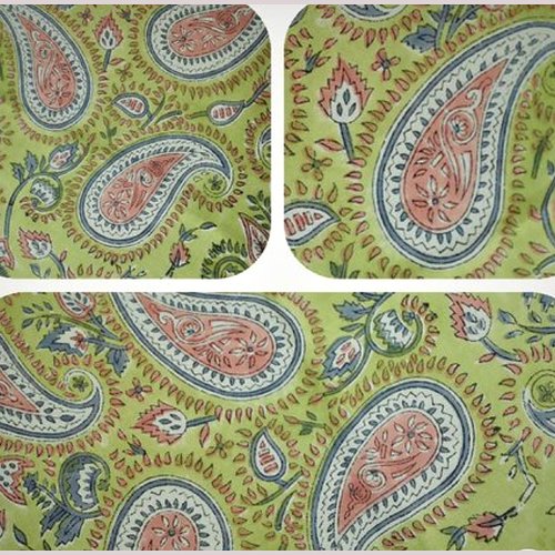 Tissu indien à la coupe 110cm de largeur coton inde imprimé main block print coton fleurs paisley vert rose multicolore