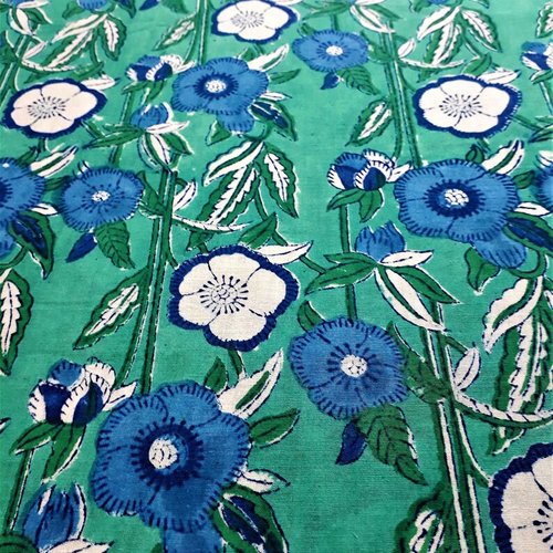 Coupon tissu indien 40 x 110 cm coton inde imprimé à la main block print coquelicot blanc bleu vert turquoise