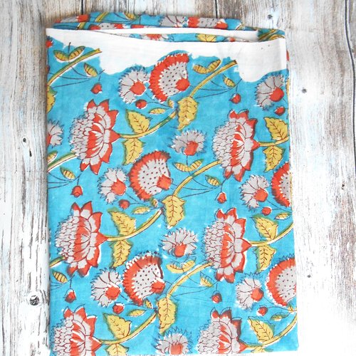 Coupon tissu indien 50 x 110 cm coton inde imprimé à la main block print turquoise corail lime gris