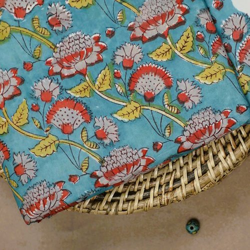 Coupon tissu indien 50 x 110 cm coton inde imprimé à la main block print turquoise corail lime gris