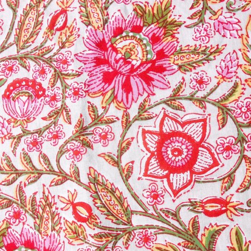 Coupon tissu indien 35 x 110 cm de largeur motifs imprimés à la main block print fleurs rouge rose vert jaune