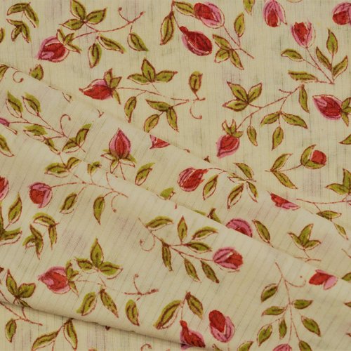 Coupon tissu indien 38 x 110 cm de largeur motifs imprimés à la main block print fleurs blanc rouge rose
