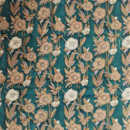 Coupon tissu indien 75x110 cm coton inde imprimé main block print coton fleursfleurs coquelicot vert canard beige lilas