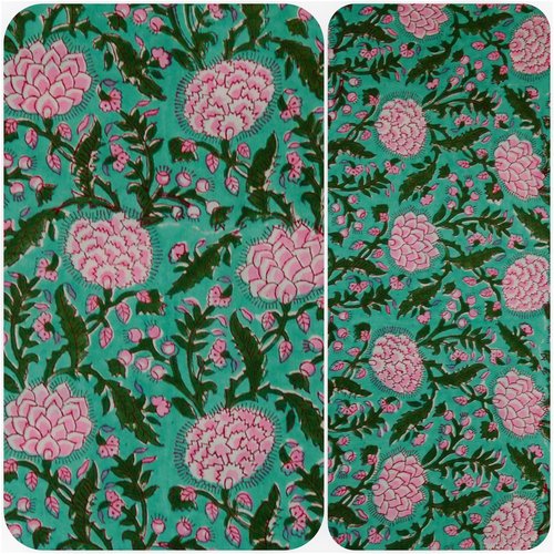 Coupon tissu indien 50 x 110 cm coton inde imprimé à la main block print fleurs turquoise rose vert