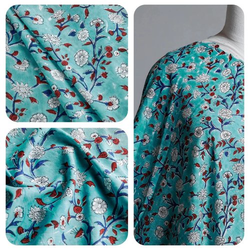 Tissu indien à la coupe 110cm de largeur coton inde imprimé main block print coton fleurs turquoise rouge blanc