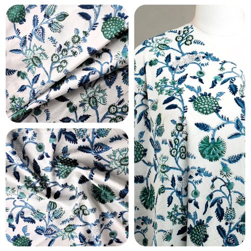 Tissu indien à la coupe 110cm de largeur coton inde imprimé main block print coton fleurs blanc bleu vert
