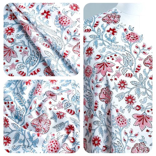Tissu indien à la coupe 110cm de largeur coton inde imprimé main block print coton fleurs blanc rose rouge