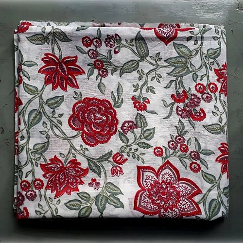 Tissu indien à la coupe 105cm de largeur coton inde imprimé main block print coton fleurs blanc bleu vert