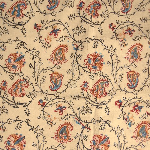 Coupon tissu indien 90 x 110 cm coton inde imprimé main block print paisley beige rouge bleu