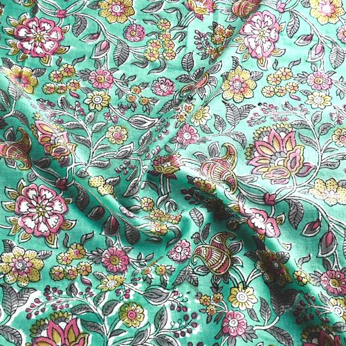 Tissu indien à la coupe 110cm de largeur coton inde imprimé main block print coton fleurs turquoise multicolore
