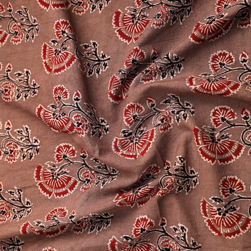 Tissu indien à la coupe 110cm de largeur coton inde imprimé main block print coton fleurs marron rouge noir