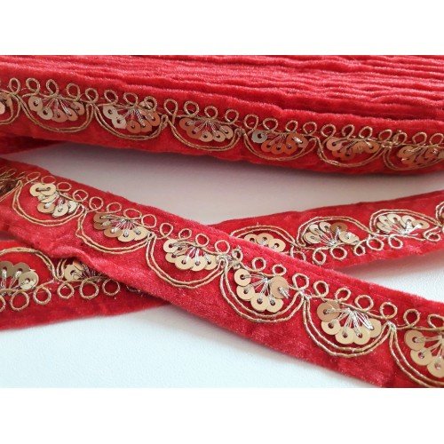 Galon brodé sequins inde largeur 2.5 cm à partir de 50 cm scrapbooking mercerie couture customisation doré rouge fleurs