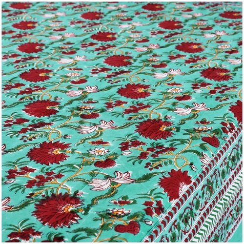 Grande pièce tissu indien 220x150cm rectangulaire coton block print inde fleurs vert turquoise rouge multicolore