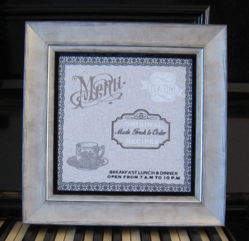 Cadre déco cuisine, tissu imprimé "menu", affiche salon de thé Cadre déco cuisine, tissu imprimé "menu", affiche salon de thé