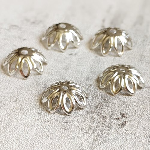 10 coupelles calottes argentés filigranées en métal forme fleur, acier argenté 13mm