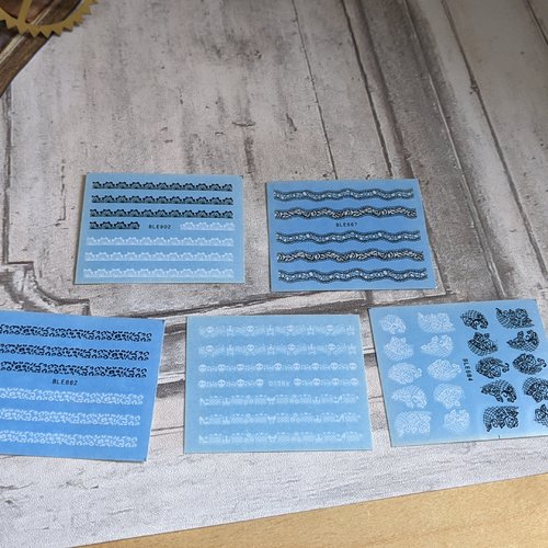 Stickers transfert à l'eau pour nail art ou résine dentelle fine noire et blanche tâches léopard 5 planches
