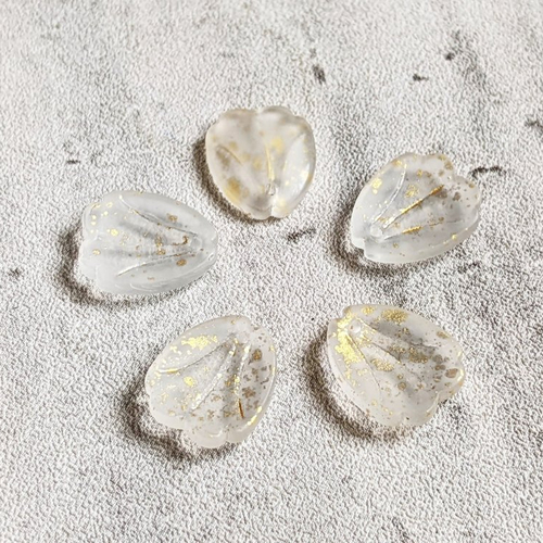 Perles pétales de verre givré blanc transparent paillettes dorés 14x12mm x5