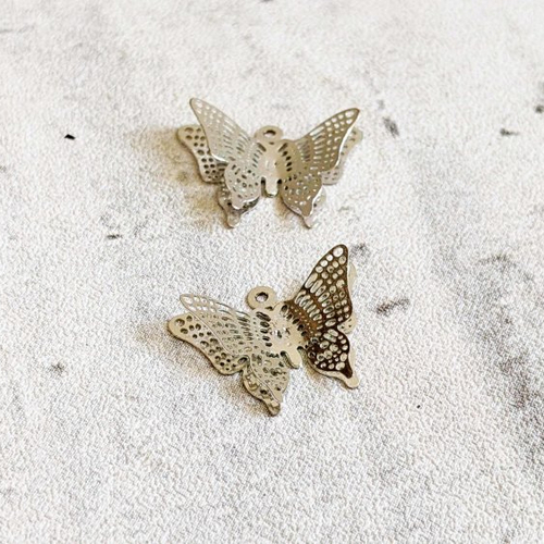 Estampes papillon filigrane cuivre argenté ailes doubles 18x13mm x2