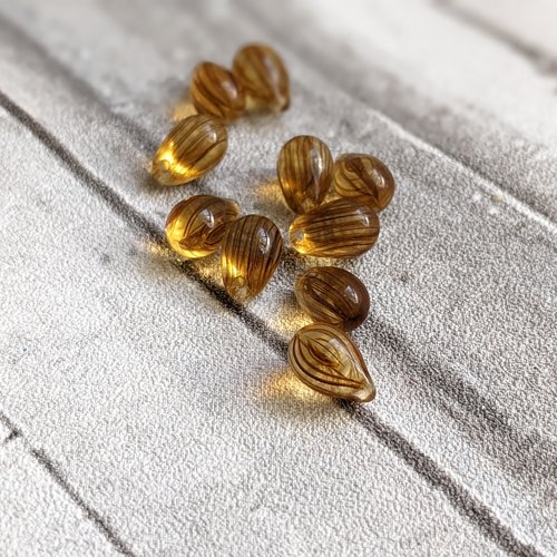 Perles en verre goutte verre tchèque jaune ambré rayures rouges 9x6mm x10