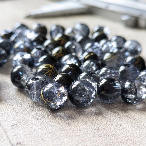 Perles rondes effet craquelé noir et gris translucide tréfilé doré 8 mm x10