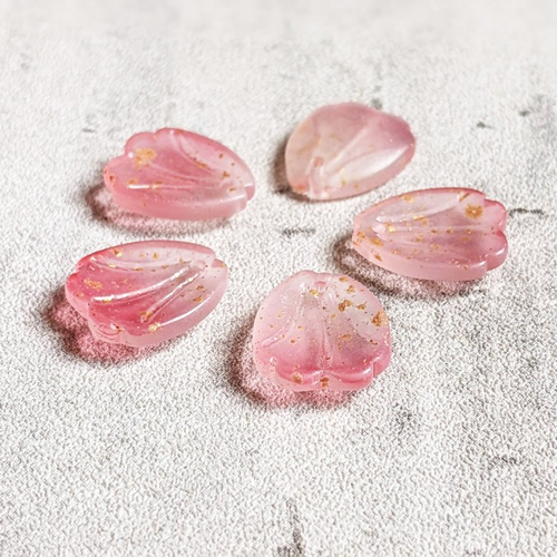 Perles pétales de verre givré rose rouge paillettes dorés 14x12mm x5