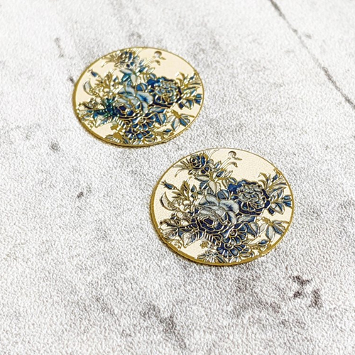 Estampes pendentifs rondes laiton émail écru bleu doré fleur 20mm x2