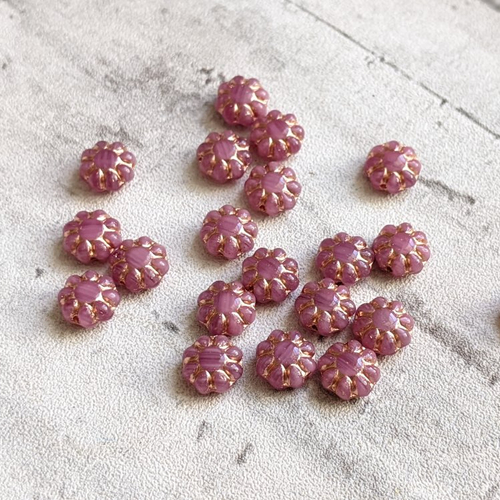 Perles fleur en verre tchèque rose foncé et dorure 9x5mm x5