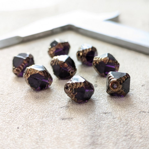 Perles "bicônes" verre tchèque polies au feu violet profond dorure cuivrée 10x8mm x2