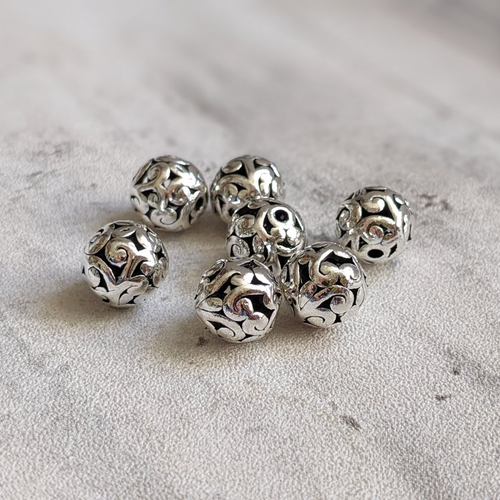 Perles rondes métal argenté filigrane motif arabesque 10 mm x5