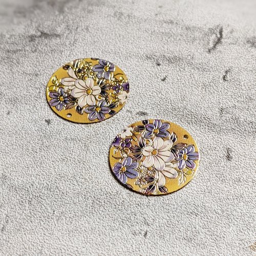 Estampes pendentifs breloques rondes laiton émail jaune fleur bleue violet 20mm x2