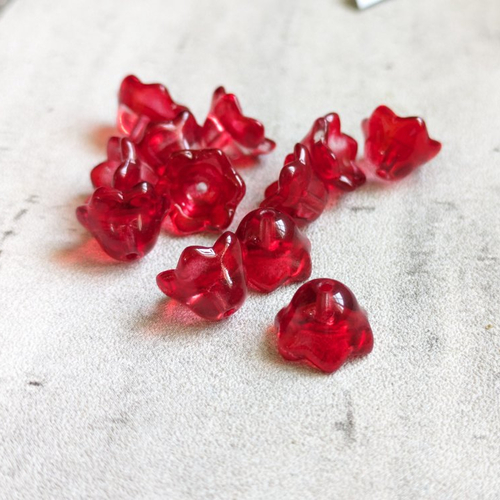 Perles coupelles calottes fleur clochette verre rouge 7x12mm x10