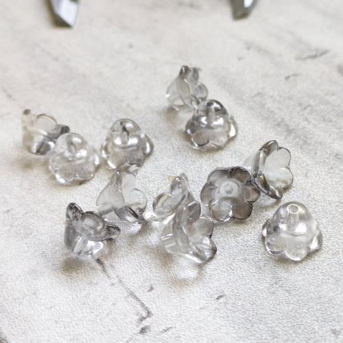 Perles coupelles calottes fleur clochette verre transparent noir paillettes doré 7x12mm x10