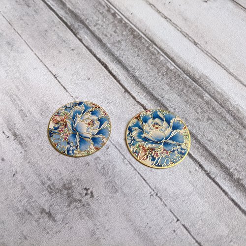 Estampes pendentifs rondes laiton bleu blanc rouge foncé doré fleur 20mm x2
