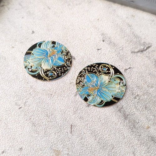 Estampes pendentifs rondes laiton émail noir bleu doré fleur 20mm x2