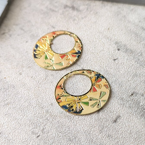Estampes pendentifs breloques rondes laiton émail écru fleur géométriques multicolores 20mm x2
