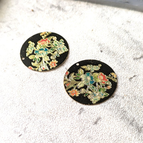 Estampes pendentifs rondes laiton émail noir bleu doré petite fleur 20mm x2
