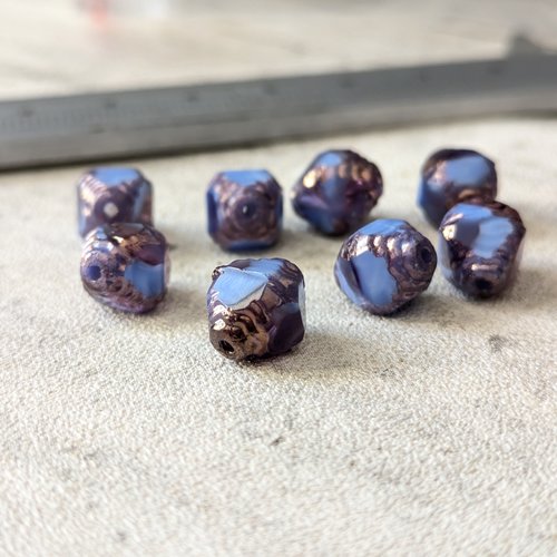 Perles "bicônes" verre tchèque polies au feu bleu violet et cuivré 10x8mm x2