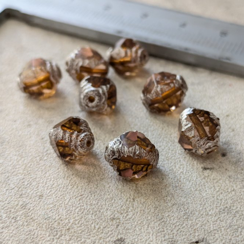 Perles "bicônes" verre tchèque polies au feu ambré topaze et argenté 10x8mm x2
