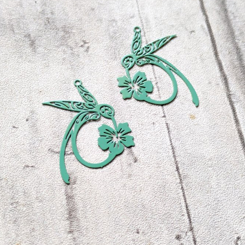 Estampes breloques pendentif fleur oiseau colibri émail vert bleu clair filigrane 38x27mm x2