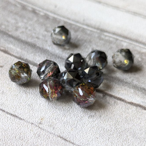 Perles rondes cristal de verre à facettes noir et multicolores effet reflets galvanisés 8mm x10